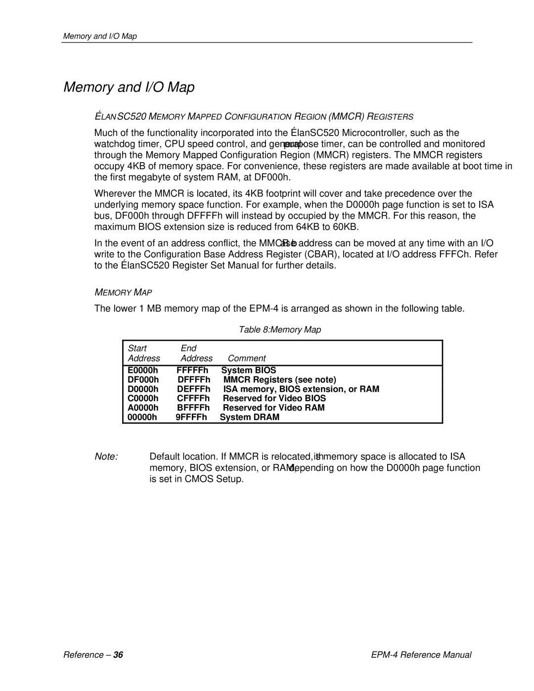 Lynx EPM-4 manual Memory and I/O Map, Memory Map, Start End Address Comment 