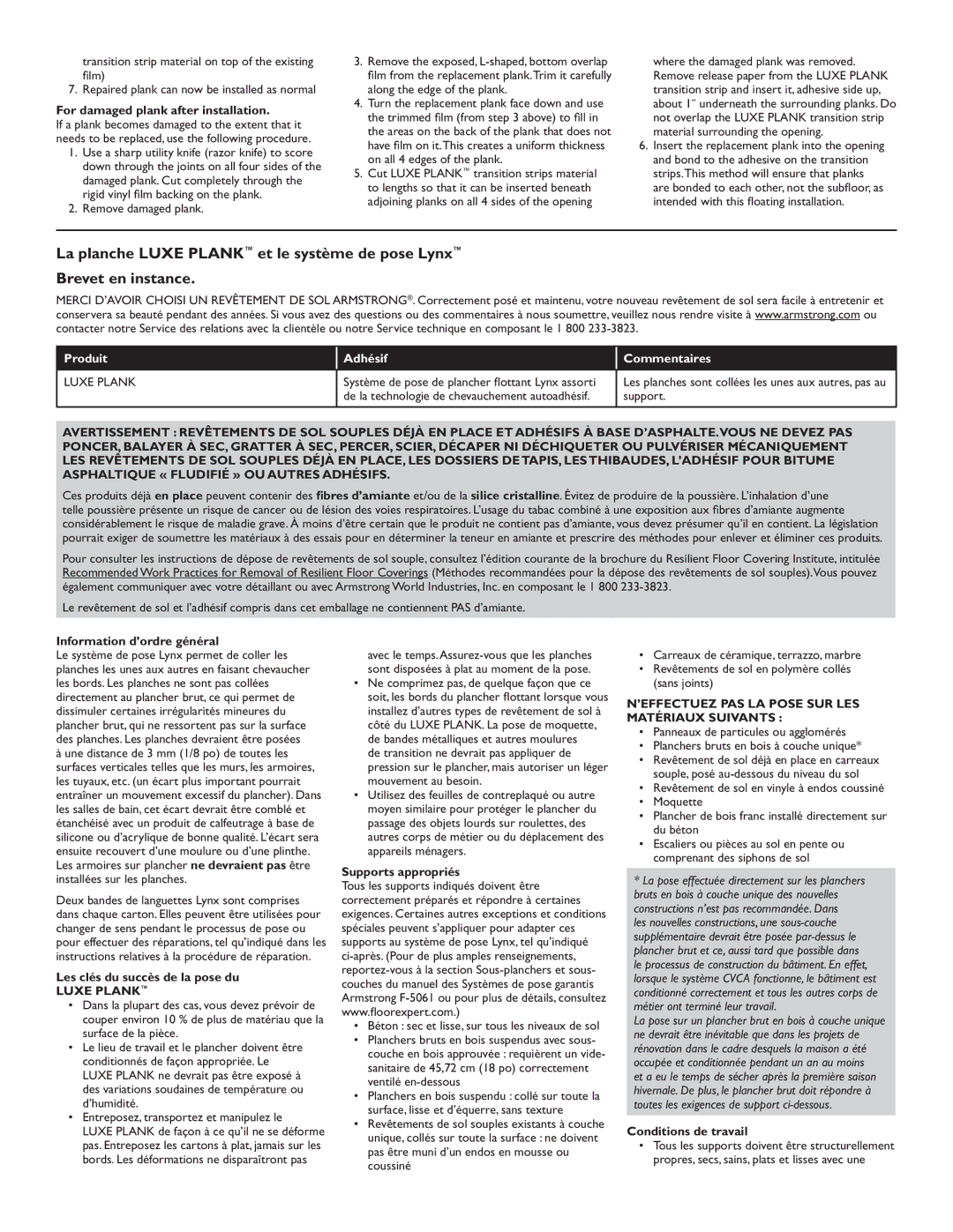 Lynx Flooring system manual Produit, Adhésif Commentaires, Support 