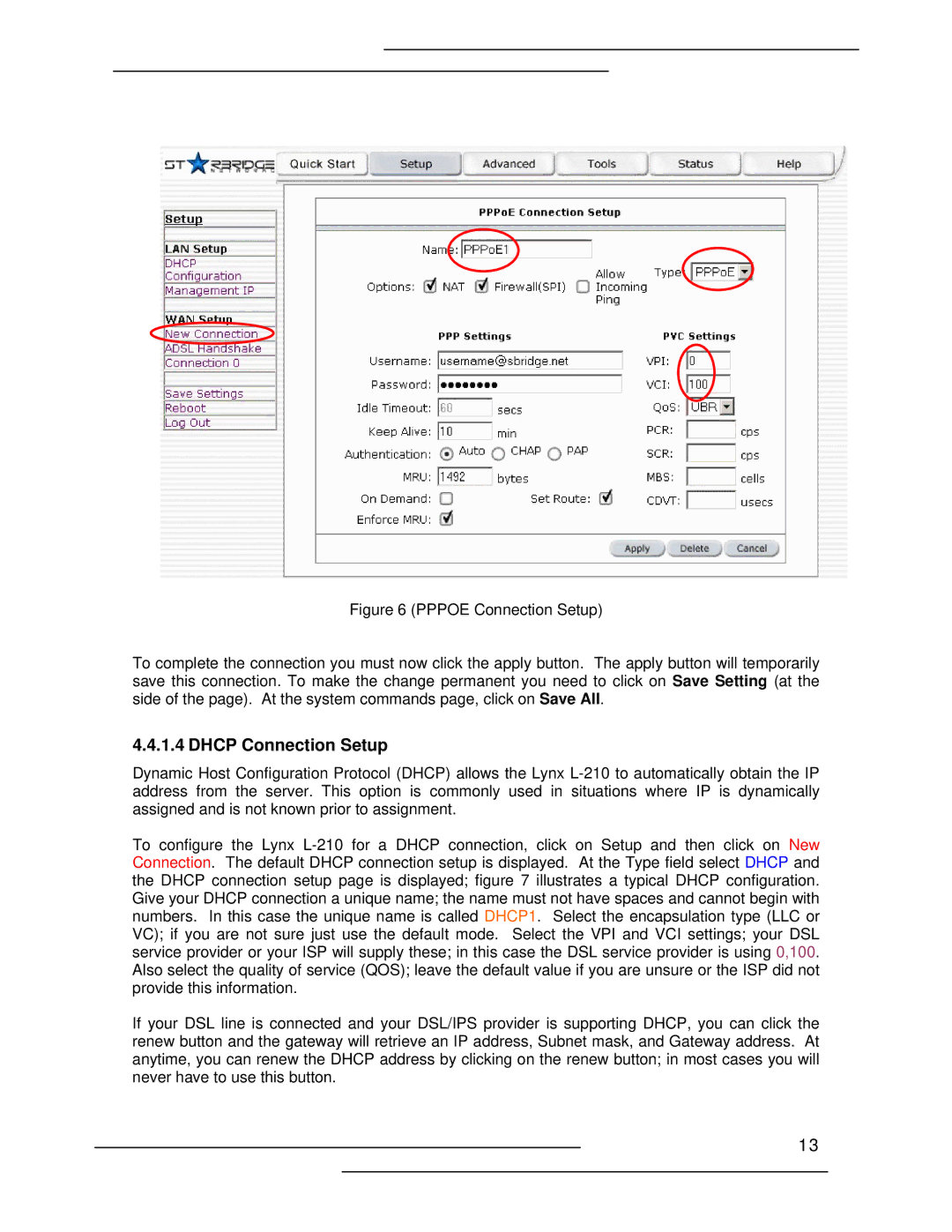 Lynx L-210 manual Dhcp Connection Setup 