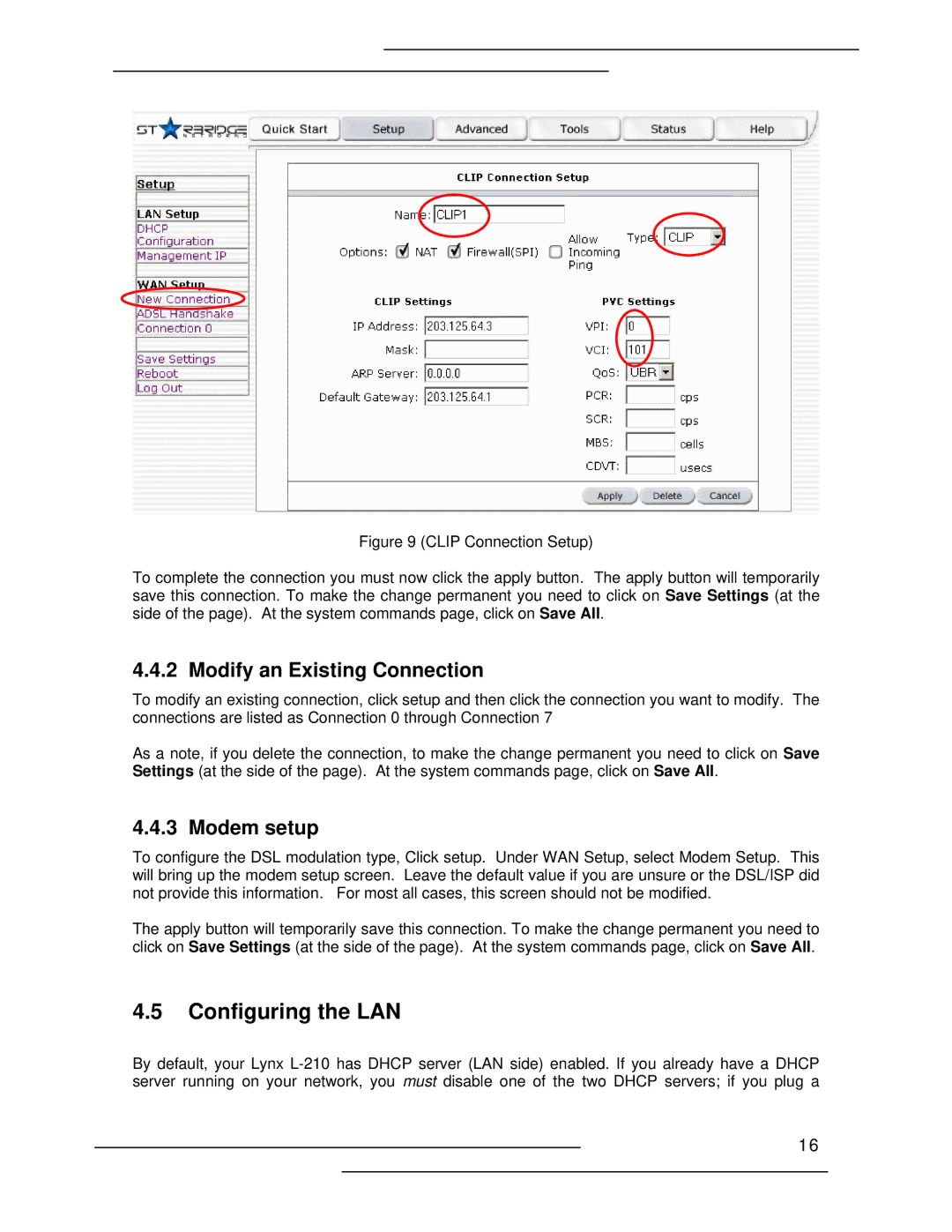 Lynx L-210 manual Configuring the LAN, Modify an Existing Connection, Modem setup 