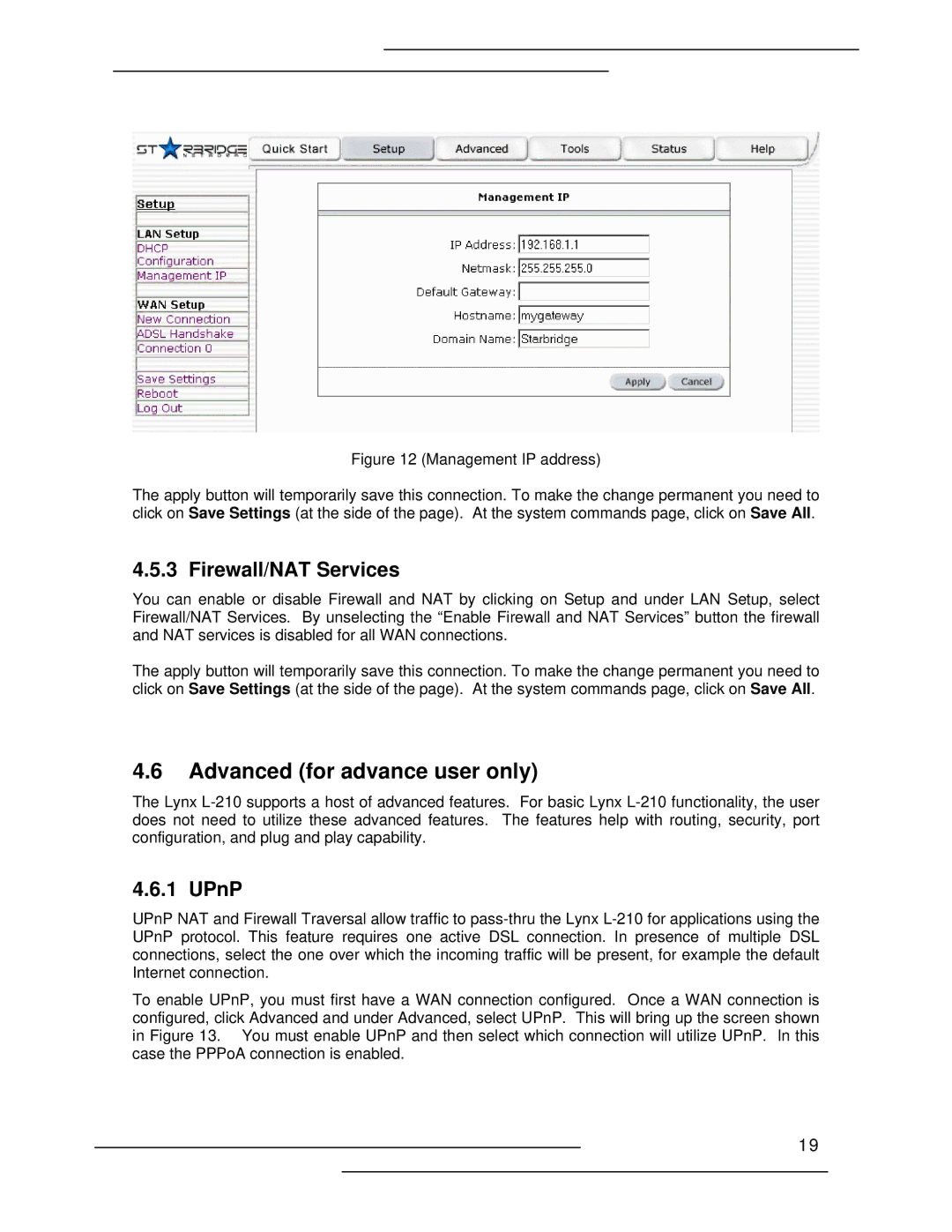 Lynx L-210 manual Advanced for advance user only, Firewall/NAT Services, UPnP 