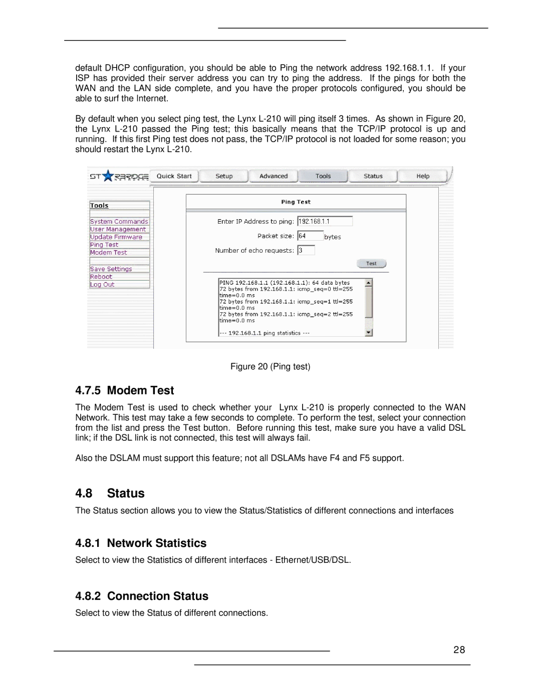 Lynx L-210 manual Modem Test, Network Statistics, Connection Status 