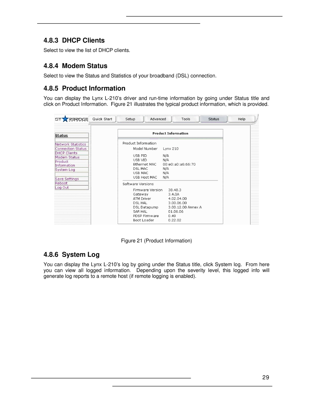 Lynx L-210 manual Dhcp Clients, Modem Status, Product Information, System Log 