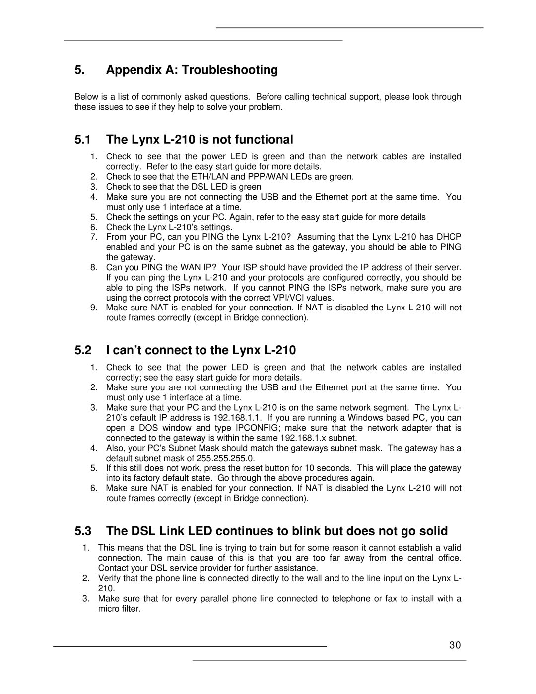 Lynx manual Appendix a Troubleshooting, Lynx L-210 is not functional, Can’t connect to the Lynx L-210 