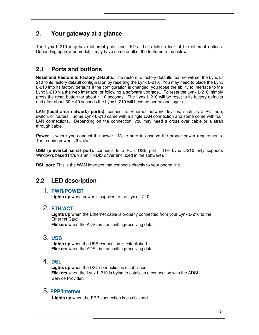 Lynx L-210 manual Your gateway at a glance, Ports and buttons, LED description 