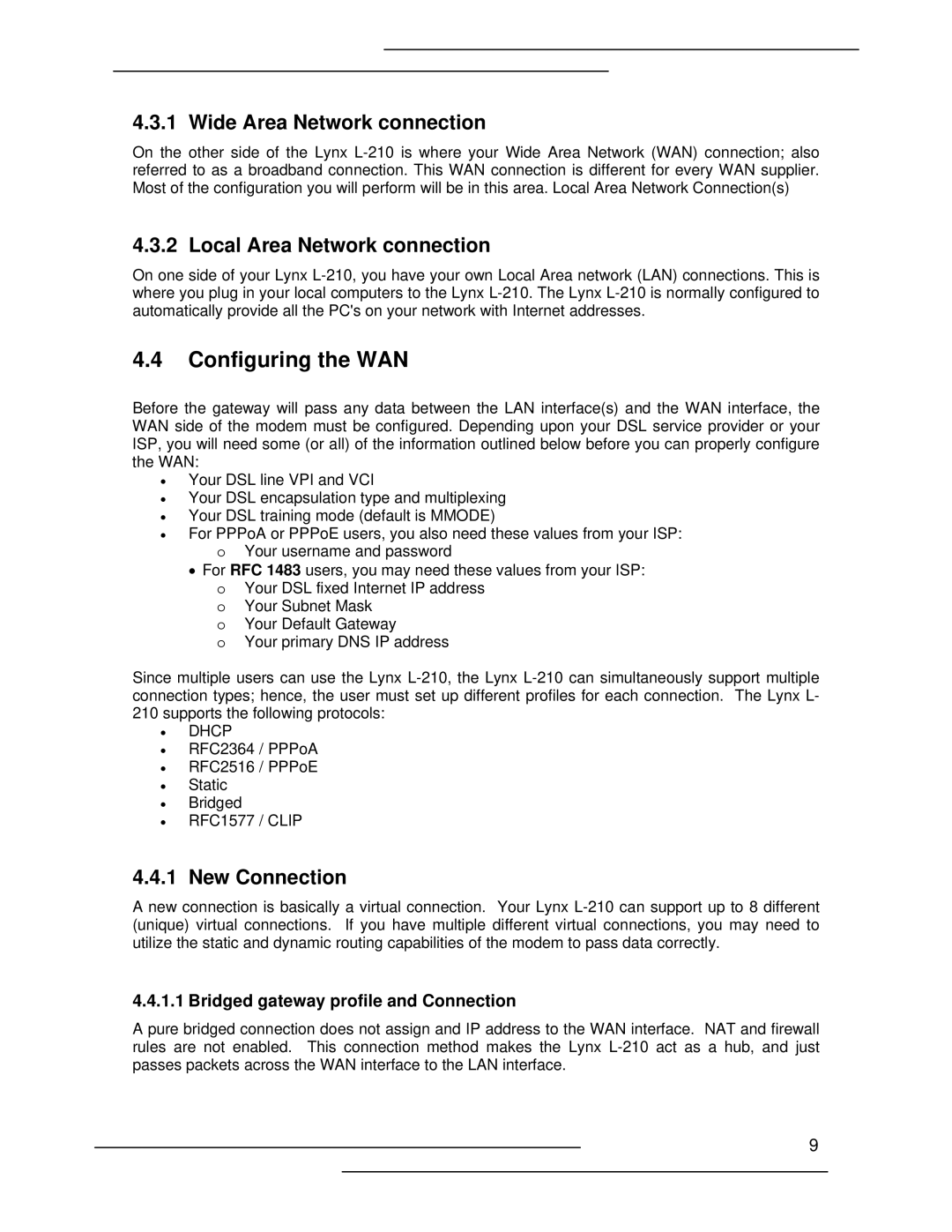 Lynx L-210 manual Configuring the WAN, Wide Area Network connection, Local Area Network connection, New Connection 