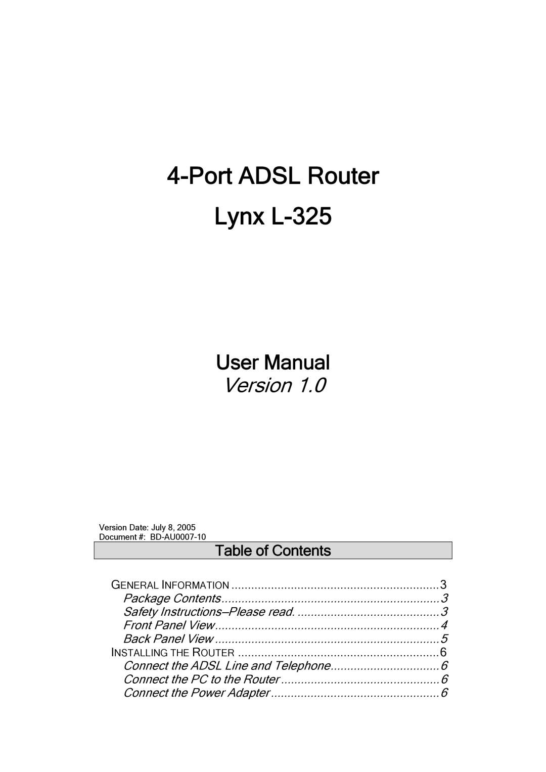 Lynx user manual Port Adsl Router Lynx L-325 