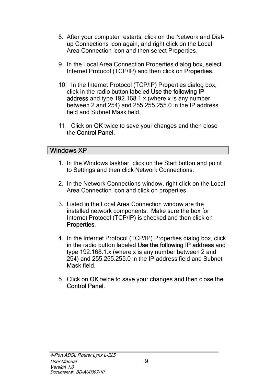 Lynx L-325 user manual Windows XP 