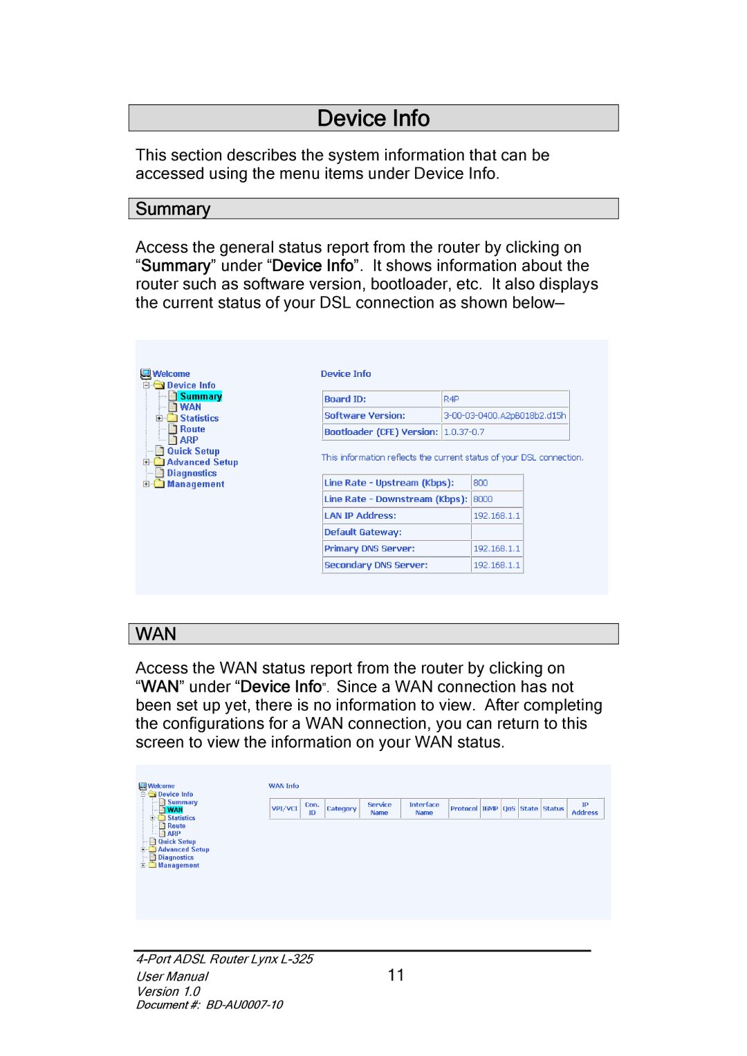 Lynx L-325 user manual Device Info, Summary, Wan 