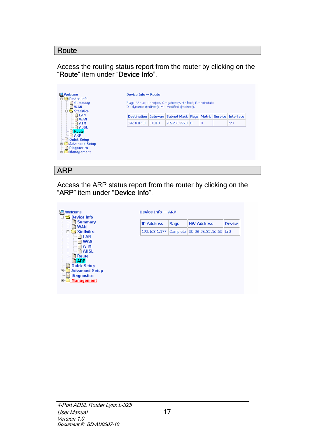 Lynx L-325 user manual Route, Arp 