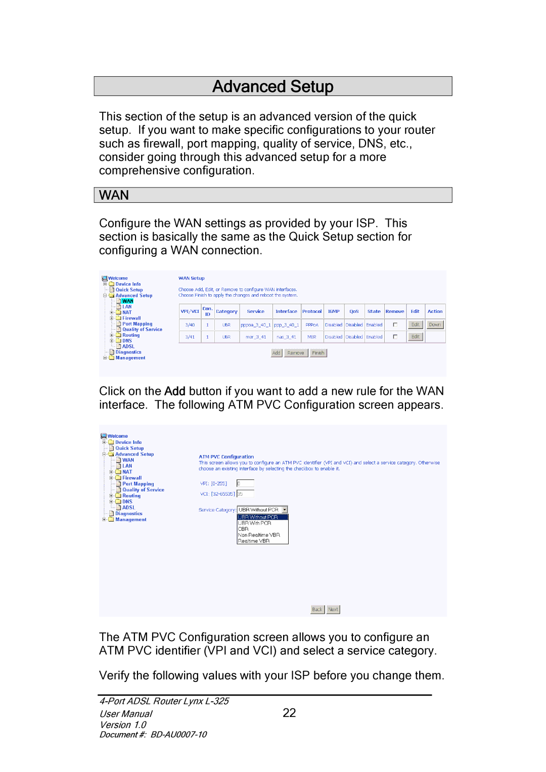 Lynx L-325 user manual Advanced Setup, Wan 