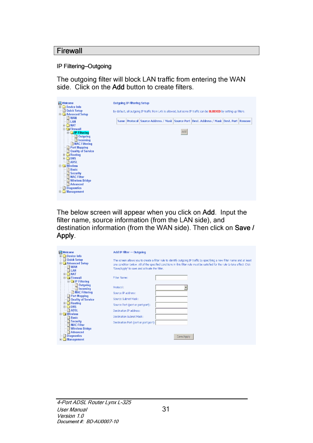 Lynx L-325 user manual Firewall 