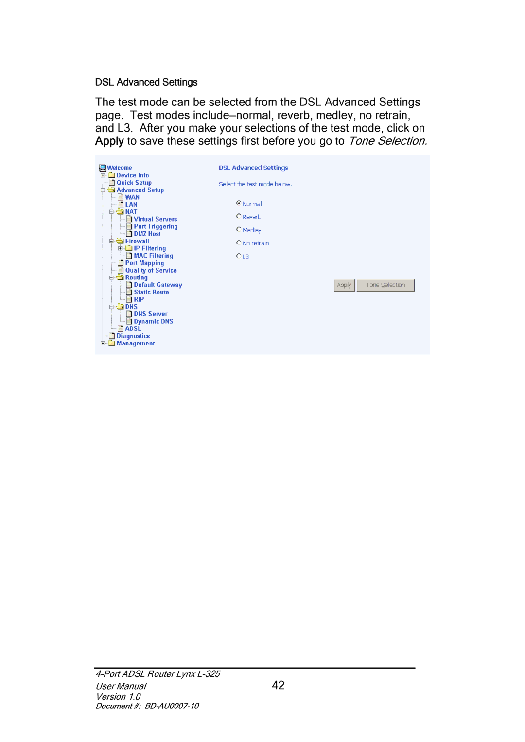 Lynx L-325 user manual DSL Advanced Settings 