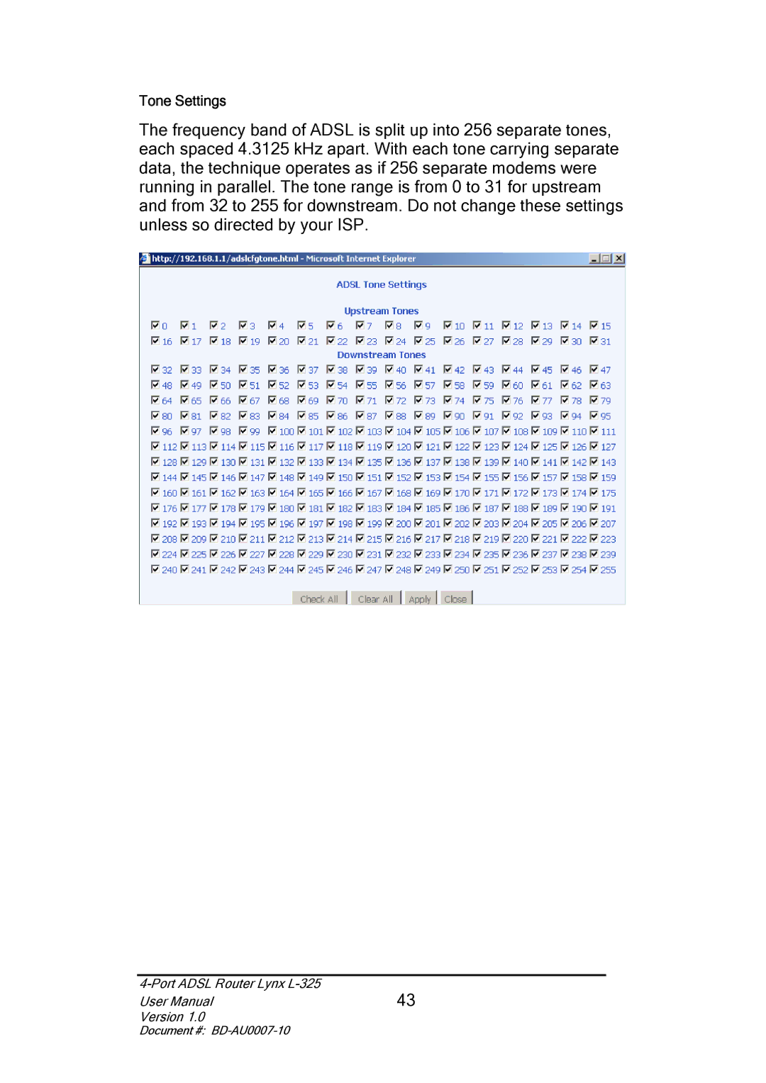 Lynx L-325 user manual Tone Settings 