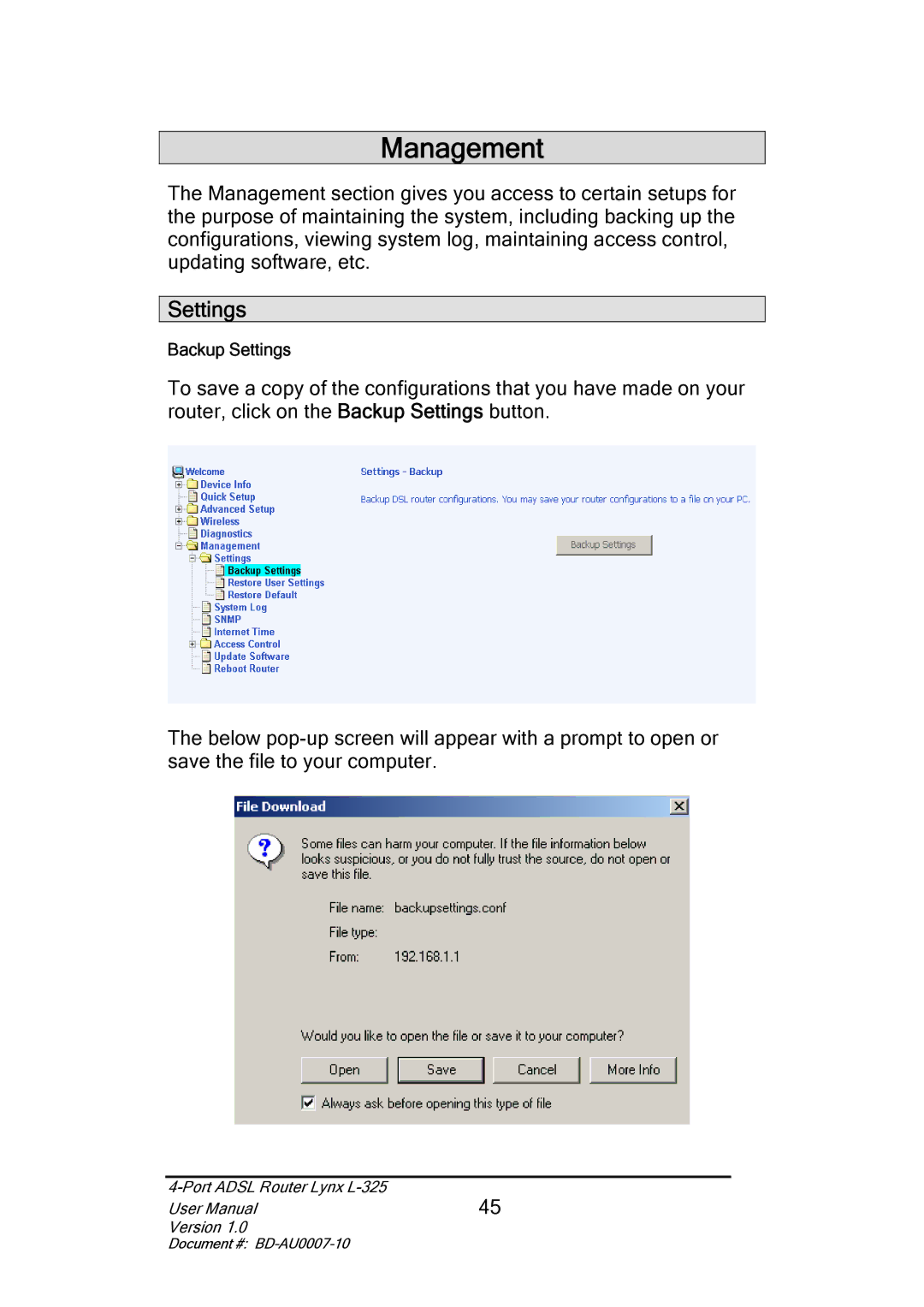 Lynx L-325 user manual Management, Settings 