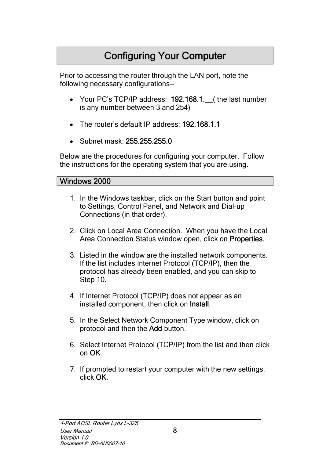 Lynx L-325 user manual Configuring Your Computer, Windows 