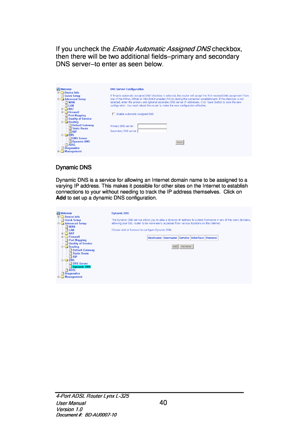 Lynx user manual Dynamic DNS, Port ADSL Router Lynx L-325, User Manual, Version 
