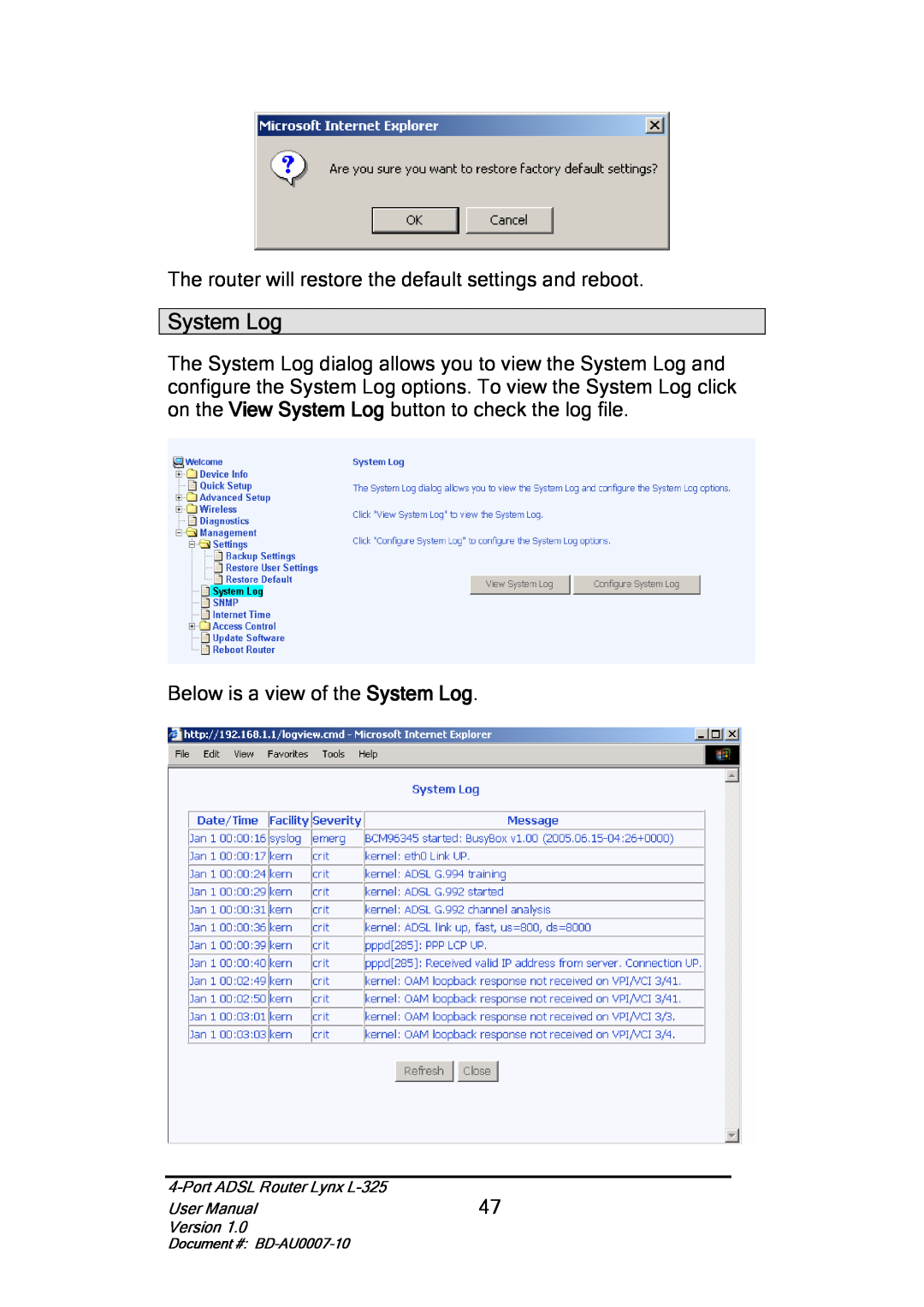 Lynx user manual System Log, Port ADSL Router Lynx L-325, User Manual, Version, Document # BD-AU0007-10 