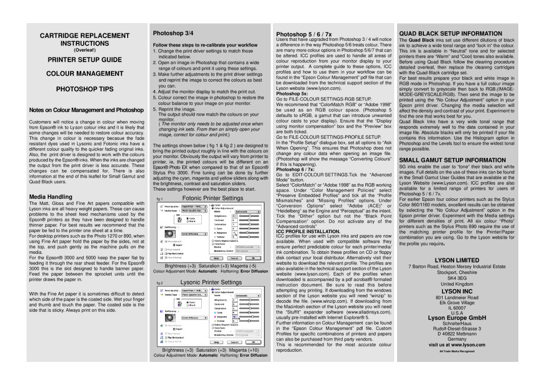 Lyson 1160, 860 manual Quad Black Setup Information, Small Gamut Setup Information, Lyson Limited, Lyson INC 