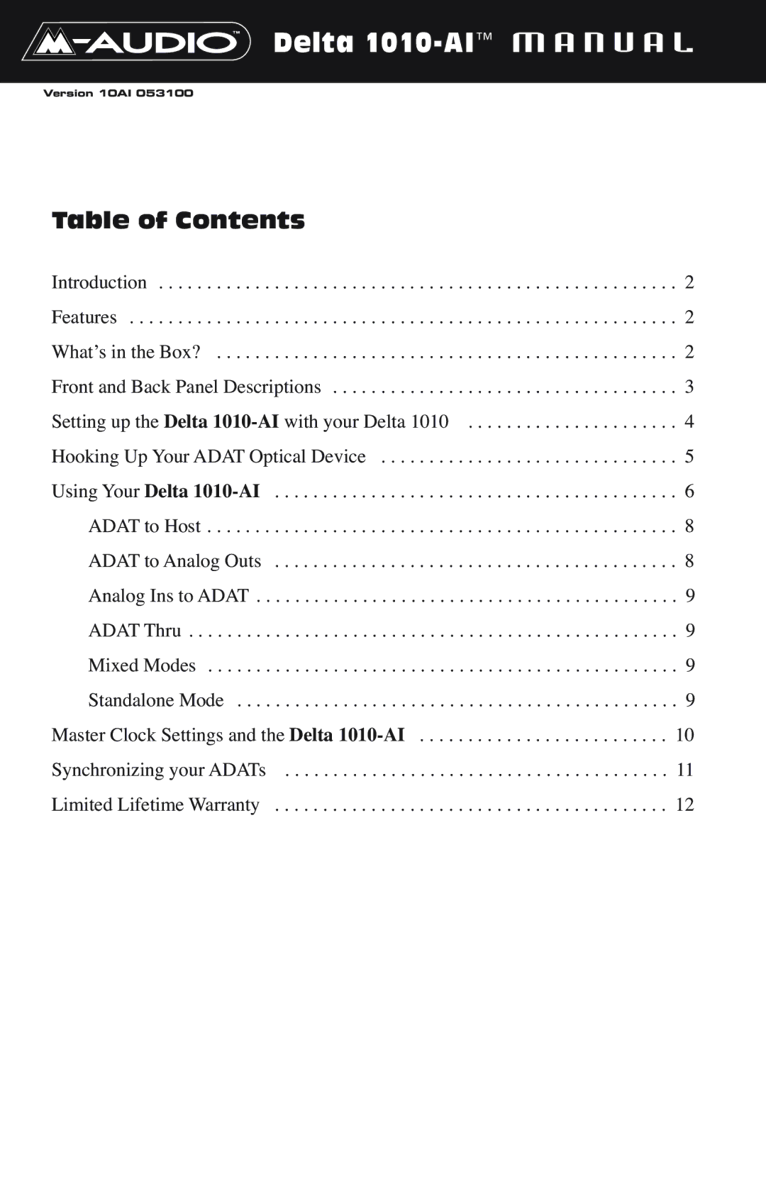 M-Audio warranty Delta 1010-AIMANUAL, Table of Contents 