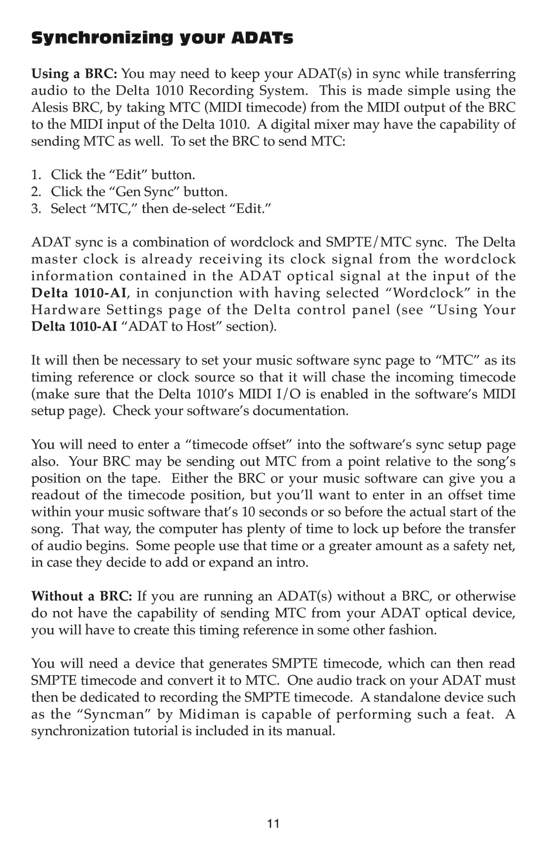 M-Audio 1010-AI warranty Synchronizing your ADATs 