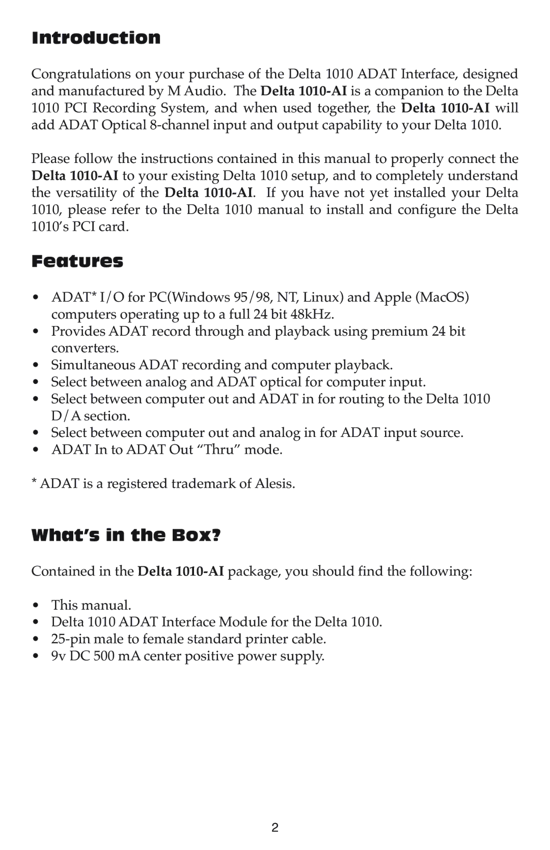 M-Audio 1010-AI warranty Introduction, Features, What’s in the Box? 