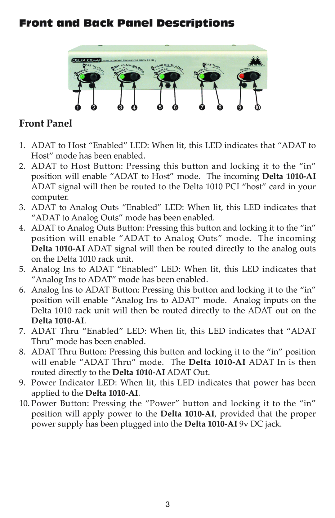 M-Audio 1010-AI warranty Front and Back Panel Descriptions, Front Panel 