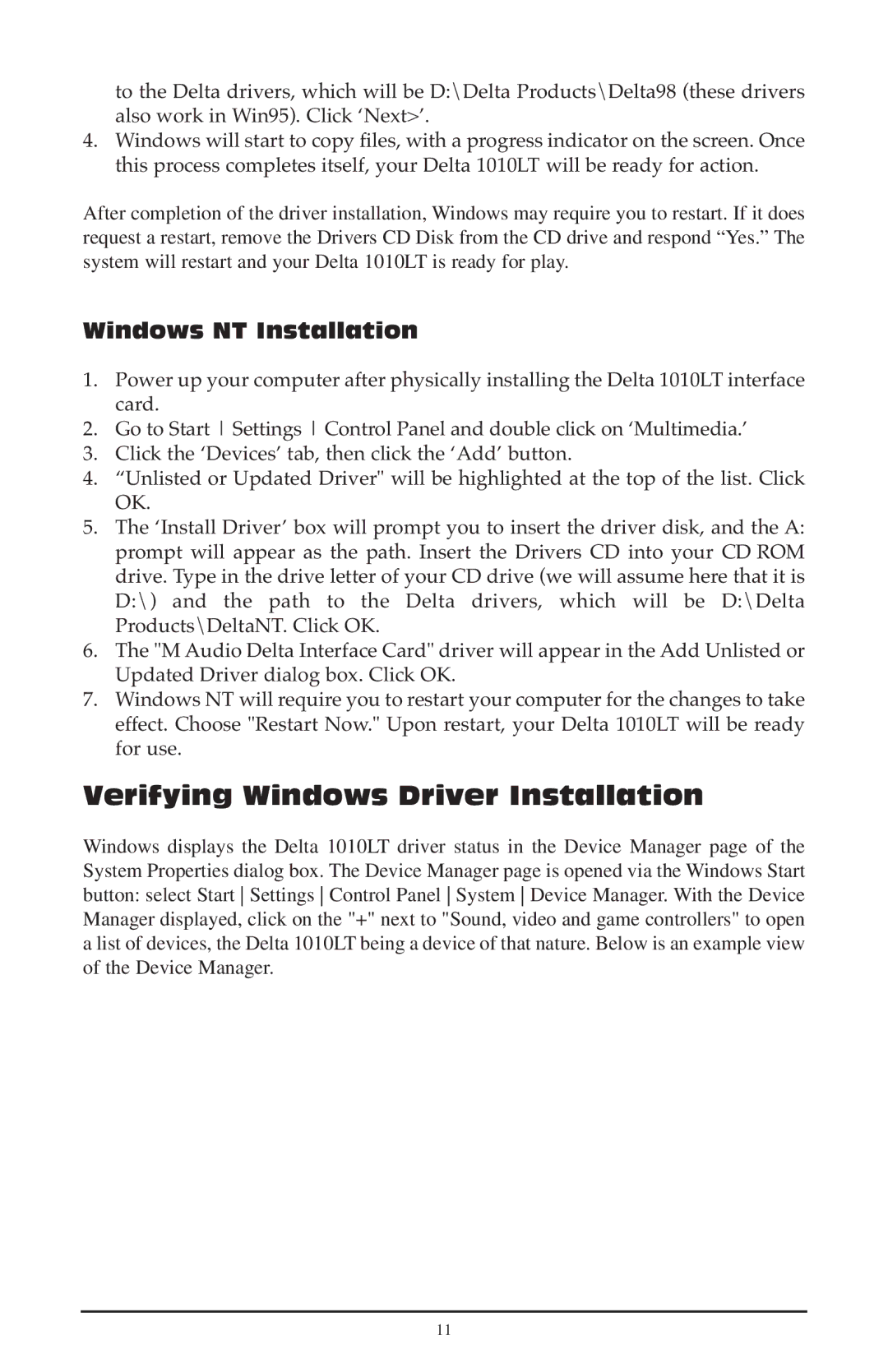 M-Audio 121002, 1010LT quick start Verifying Windows Driver Installation, Windows NT Installation 