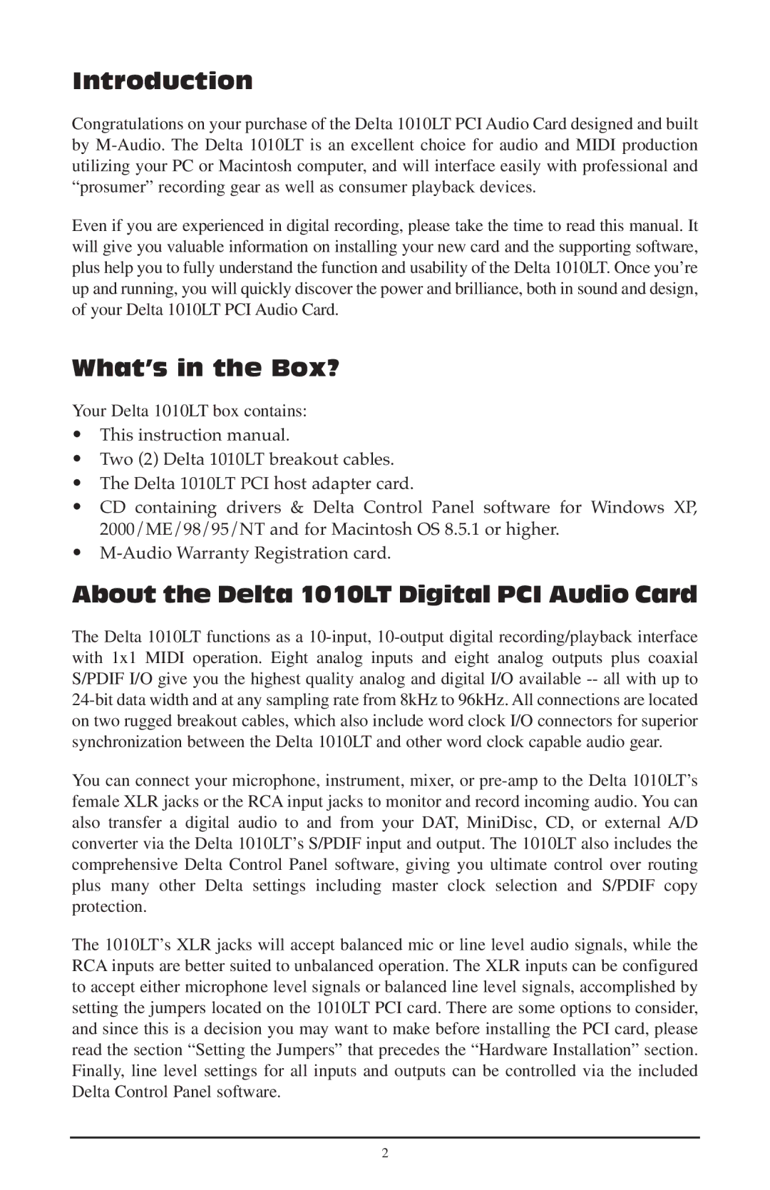 M-Audio 121002 quick start Introduction, What’s in the Box?, About the Delta 1010LT Digital PCI Audio Card 