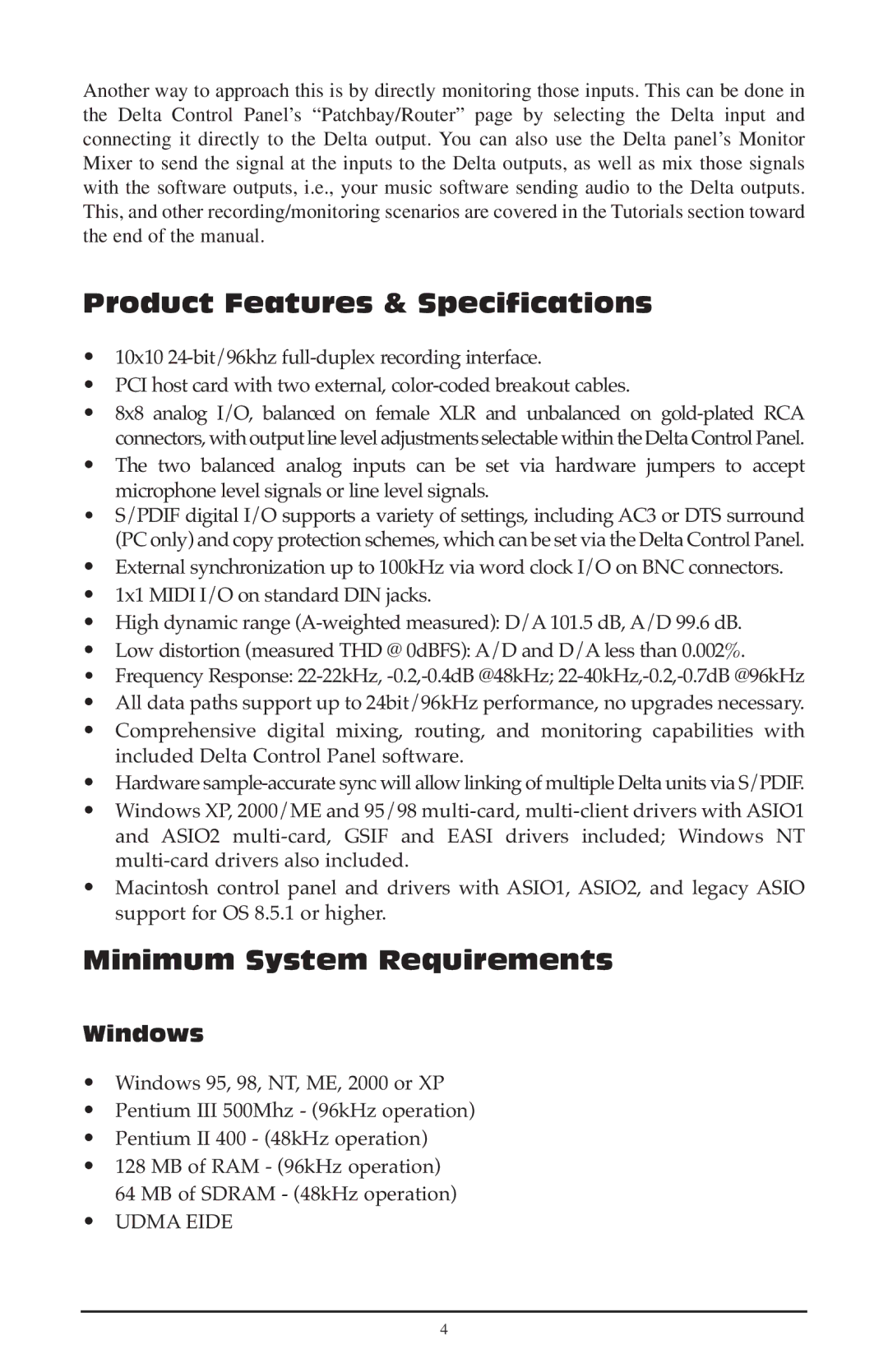 M-Audio 1010LT, 121002 quick start Product Features & Specifications, Minimum System Requirements, Windows 