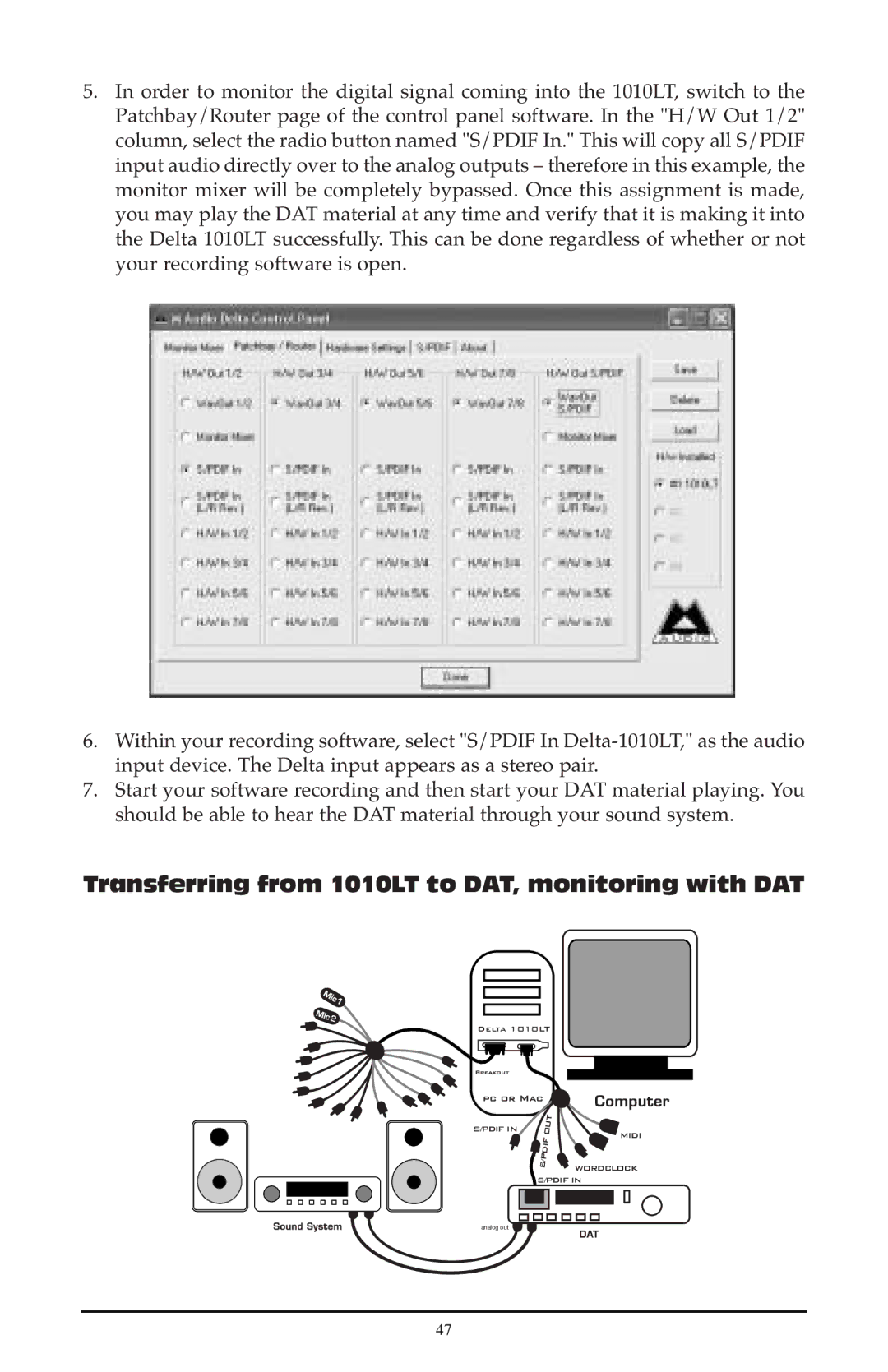 M-Audio 121002 quick start Transferring from 1010LT to DAT, monitoring with DAT 