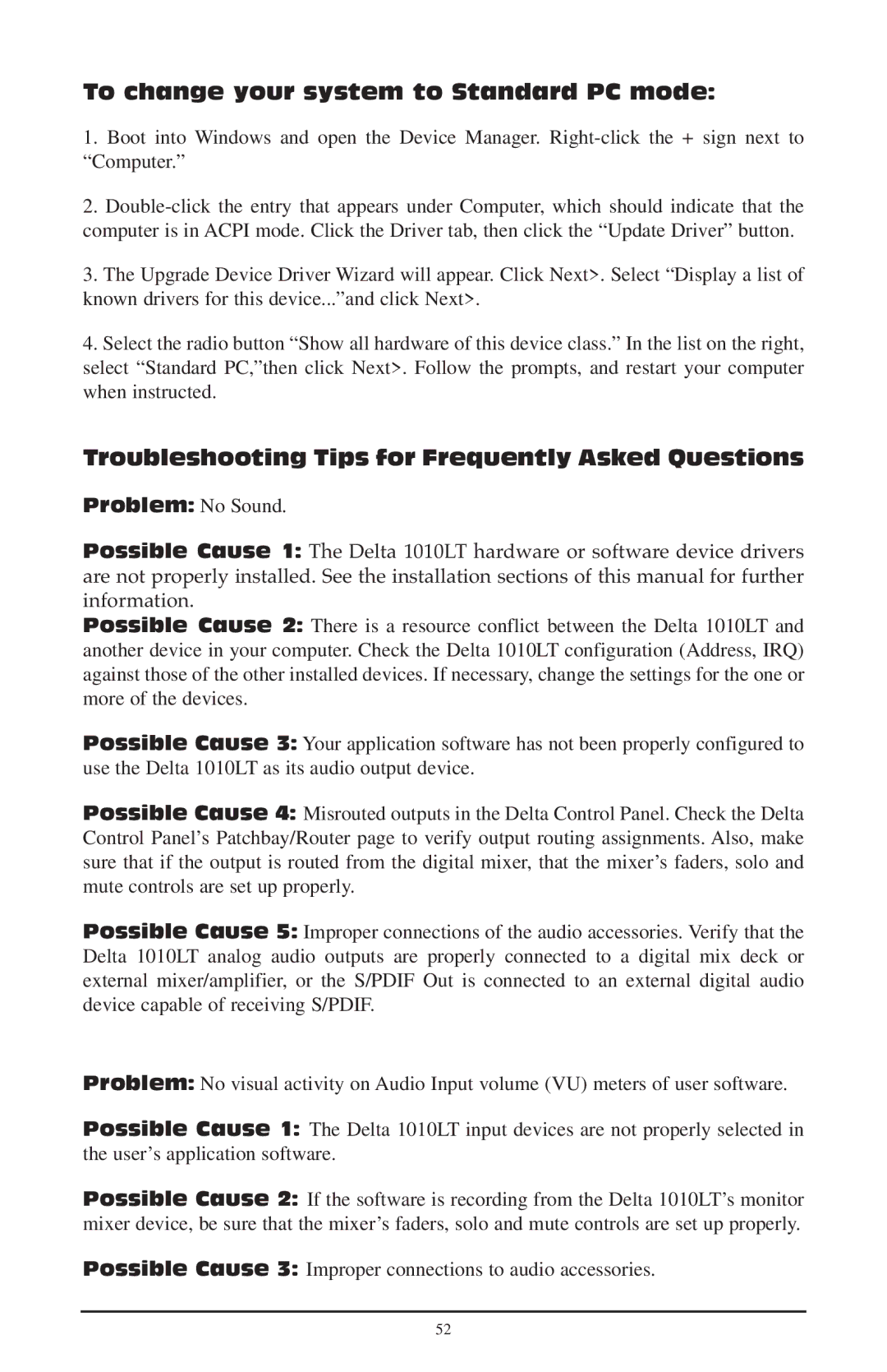 M-Audio 1010LT, 121002 To change your system to Standard PC mode, Troubleshooting Tips for Frequently Asked Questions 