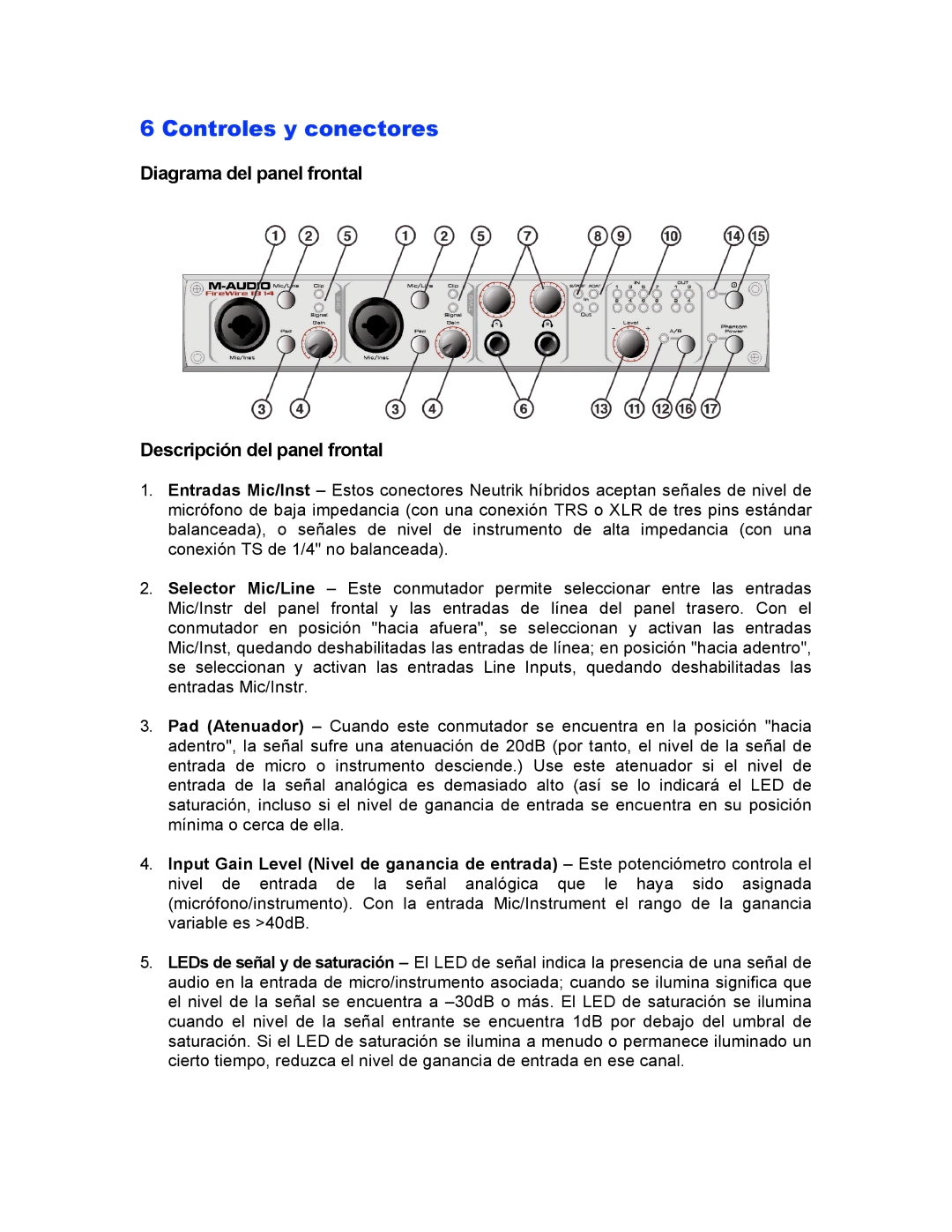 M-Audio 1814 manual Controles y conectores, Diagrama del panel frontal Descripción del panel frontal 