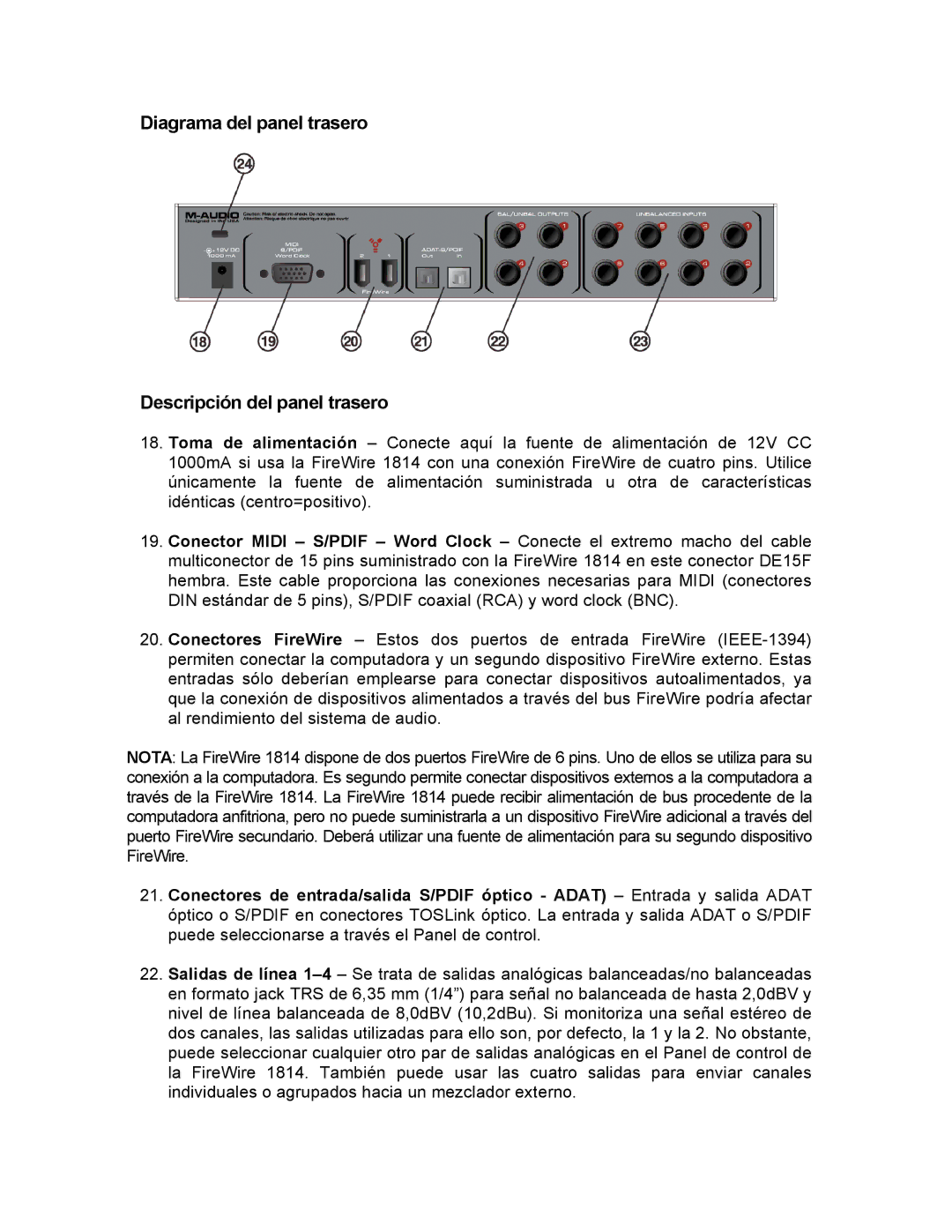 M-Audio 1814 manual Diagrama del panel trasero Descripción del panel trasero 