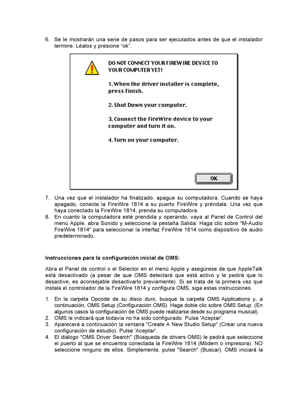 M-Audio 1814 manual Instrucciones para la configuración inicial de OMS 