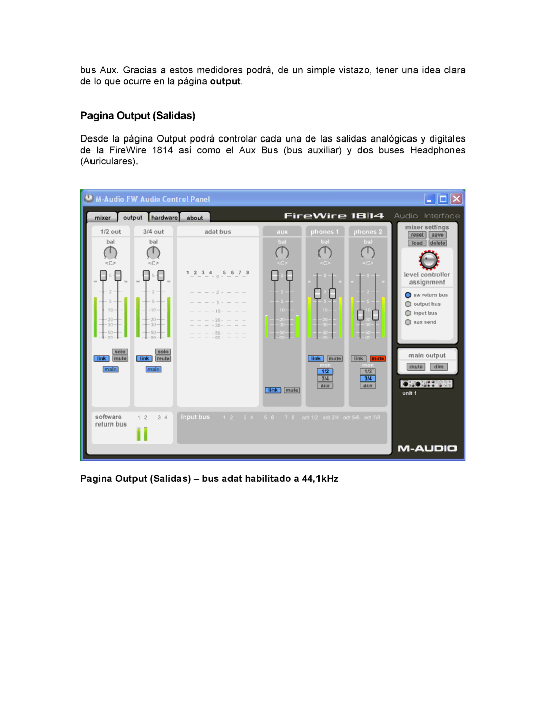 M-Audio 1814 manual Pagina Output Salidas bus adat habilitado a 44,1kHz 