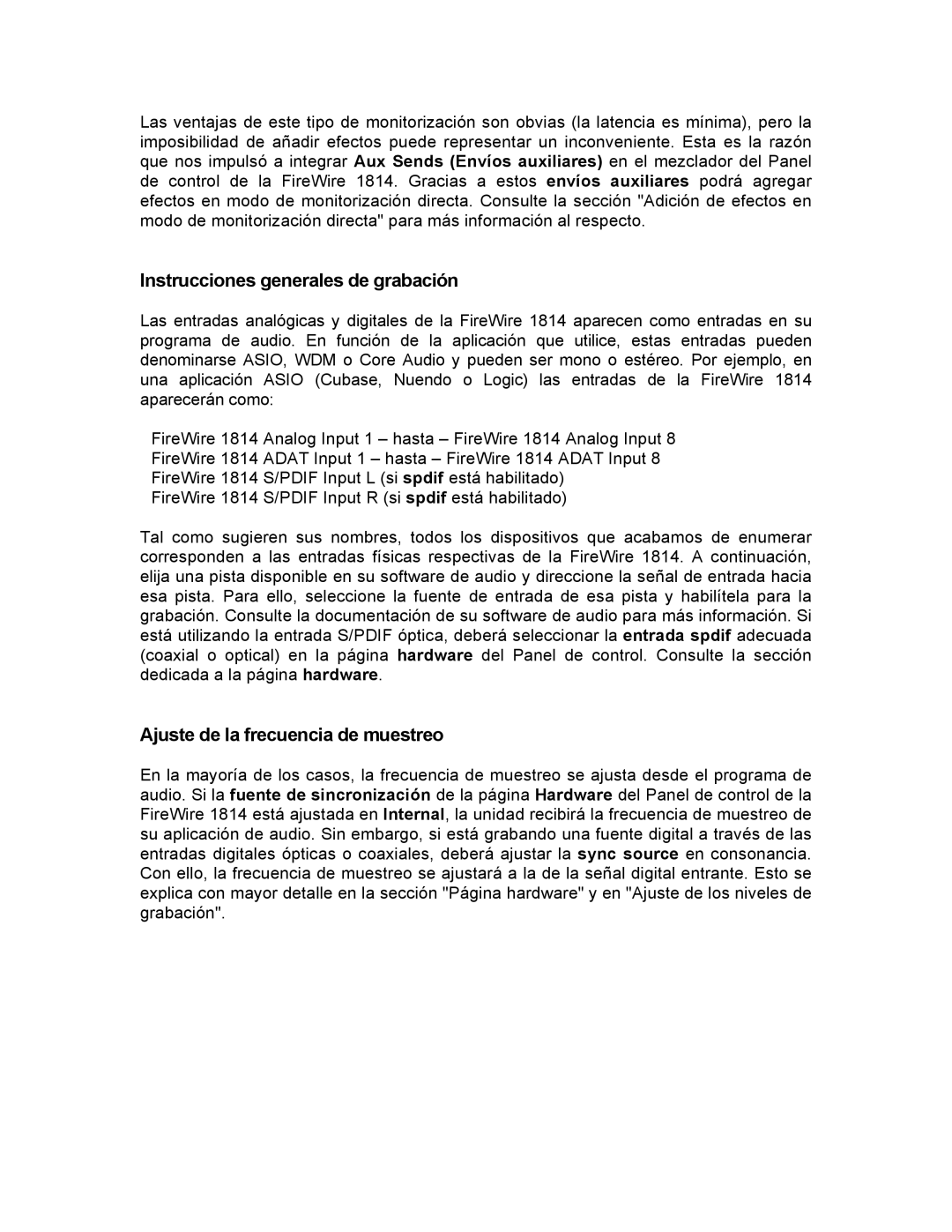 M-Audio 1814 manual Instrucciones generales de grabación, Ajuste de la frecuencia de muestreo 