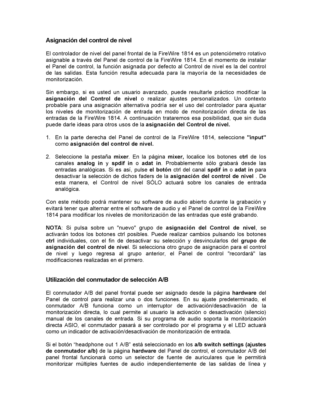 M-Audio 1814 manual Asignación del control de nivel, Utilización del conmutador de selección A/B 