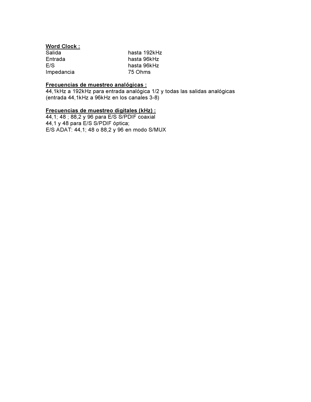 M-Audio 1814 manual Word Clock, Frecuencias de muestreo analógicas 