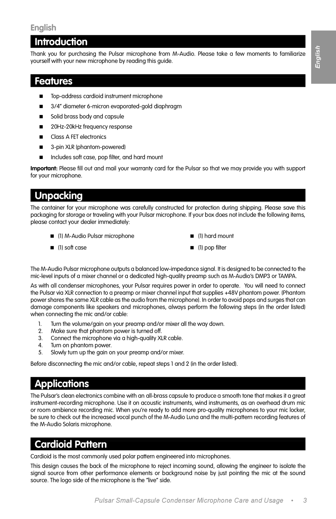 M-Audio 192 PCI manual Introduction, Features, Unpacking, Applications, Cardioid Pattern 