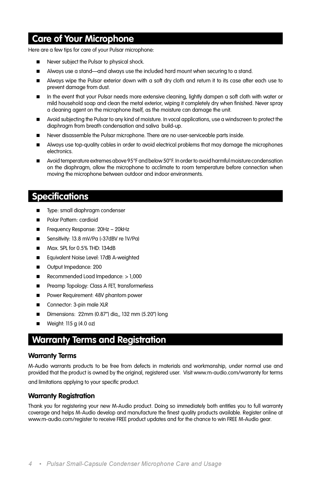 M-Audio 192 PCI manual Care of Your Microphone, Speciﬁcations, Warranty Terms and Registration 