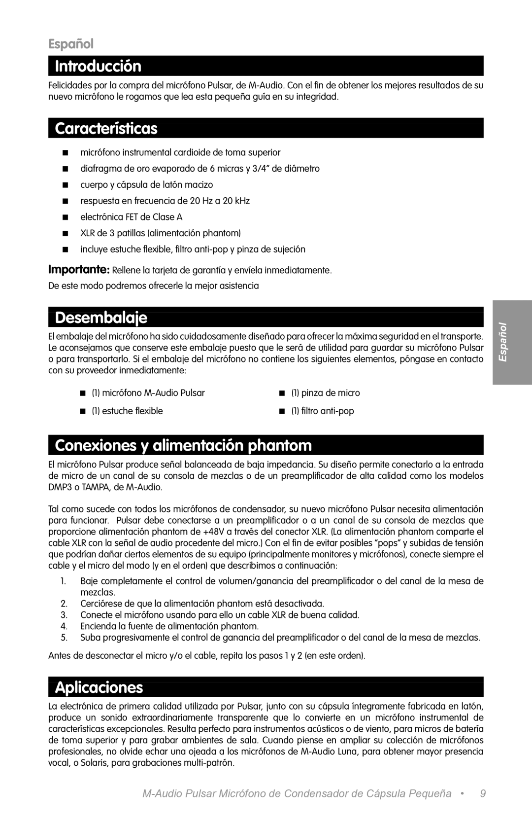 M-Audio 192 PCI manual Introducción, Características, Desembalaje, Conexiones y alimentación phantom, Aplicaciones 