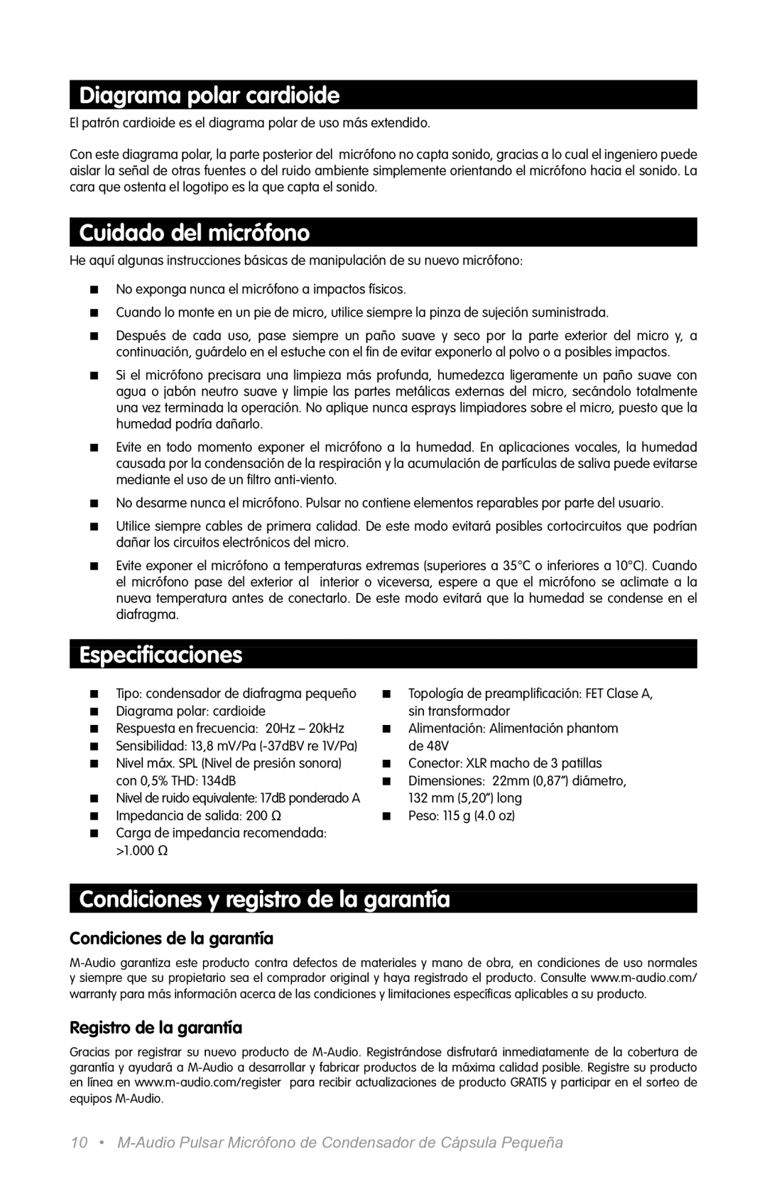 M-Audio 192 PCI Diagrama polar cardioide, Cuidado del micrófono, Especiﬁcaciones, Condiciones y registro de la garantía 