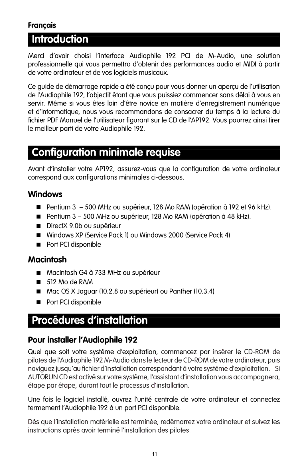 M-Audio 192 quick start Conﬁguration minimale requise, Procédures d’installation, Pour installer l’Audiophile 