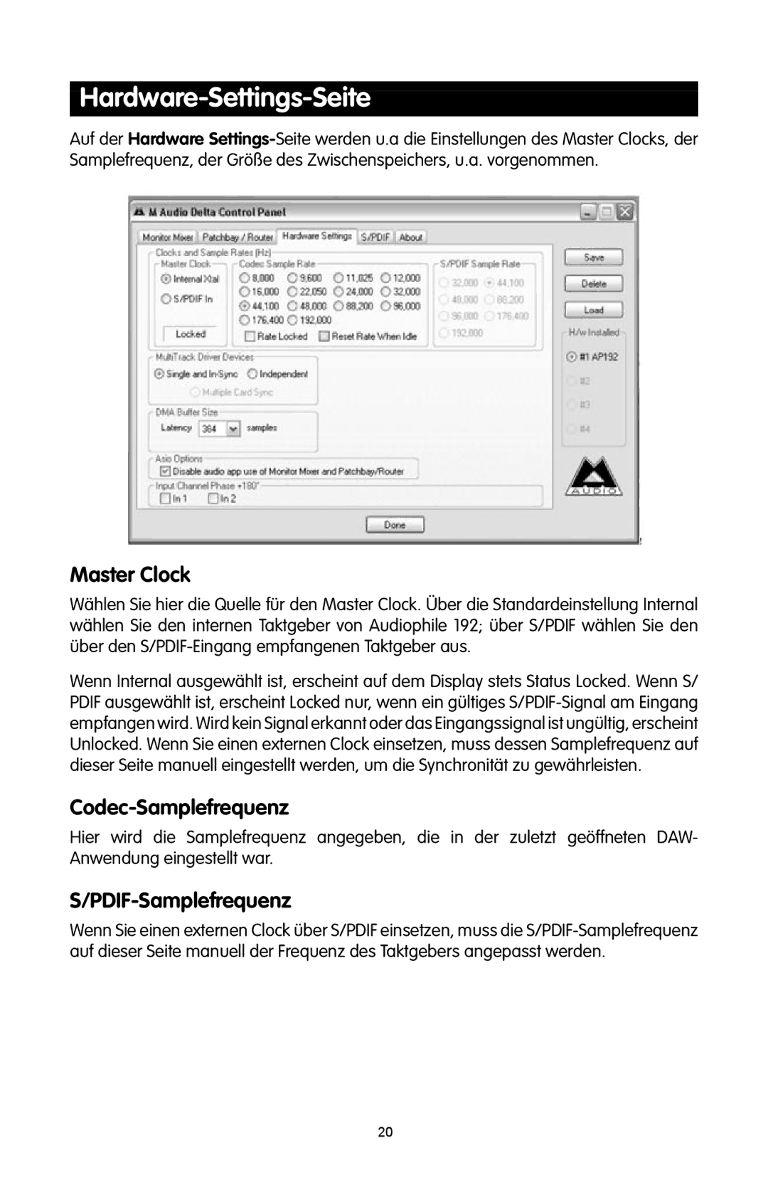 M-Audio 192 quick start Hardware-Settings-Seite, Codec-Samplefrequenz, PDIF-Samplefrequenz 