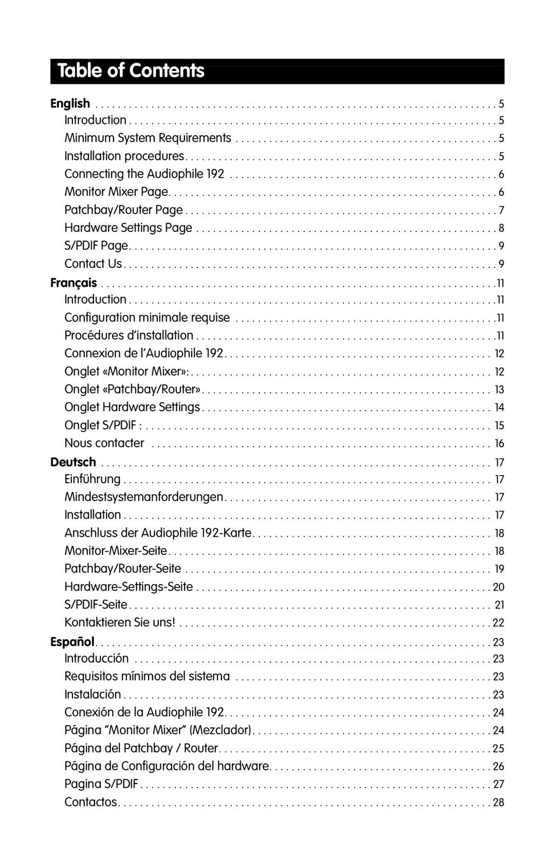 M-Audio 192 quick start Table of Contents 