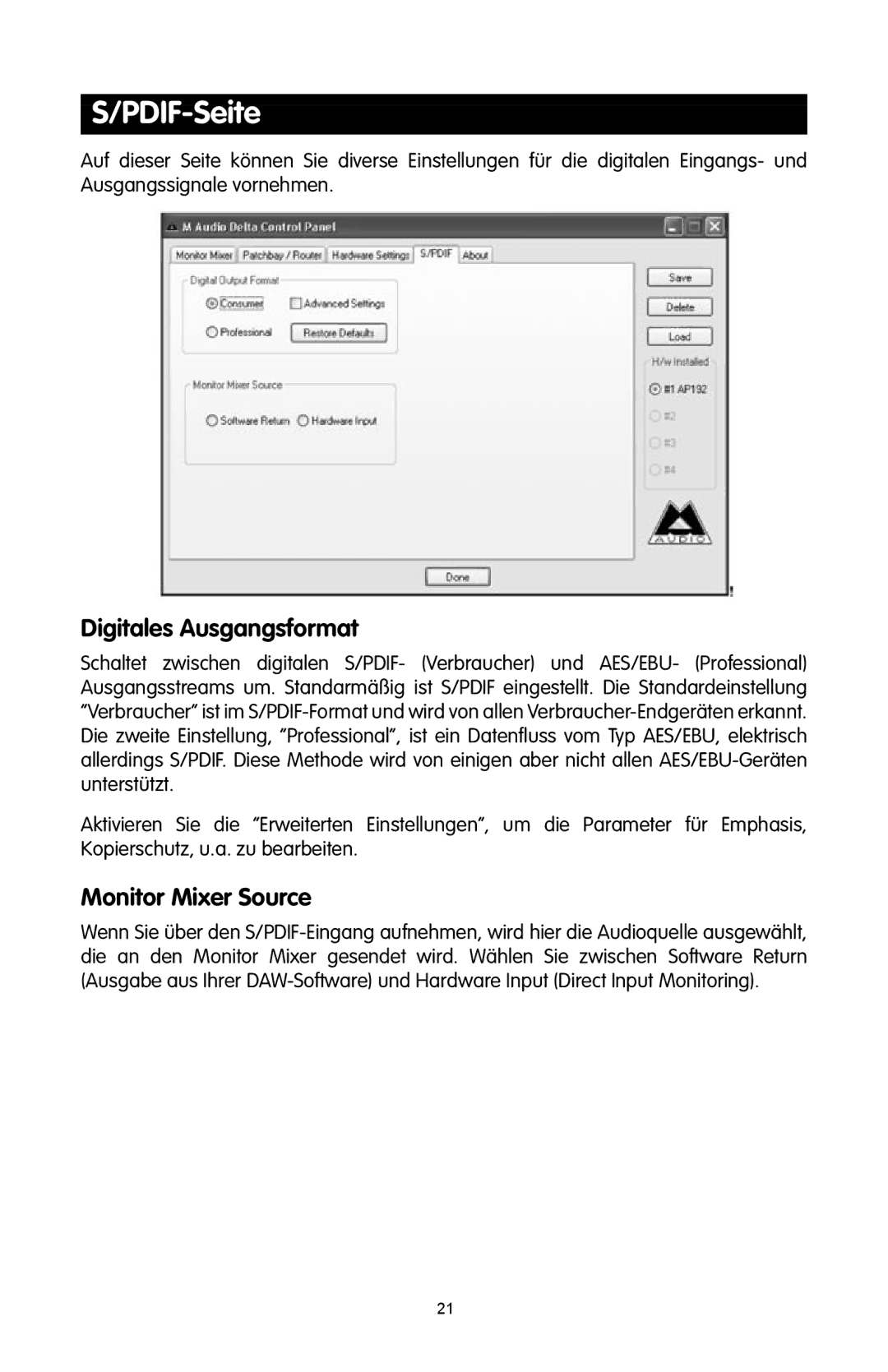M-Audio 192 quick start PDIF-Seite, Digitales Ausgangsformat 