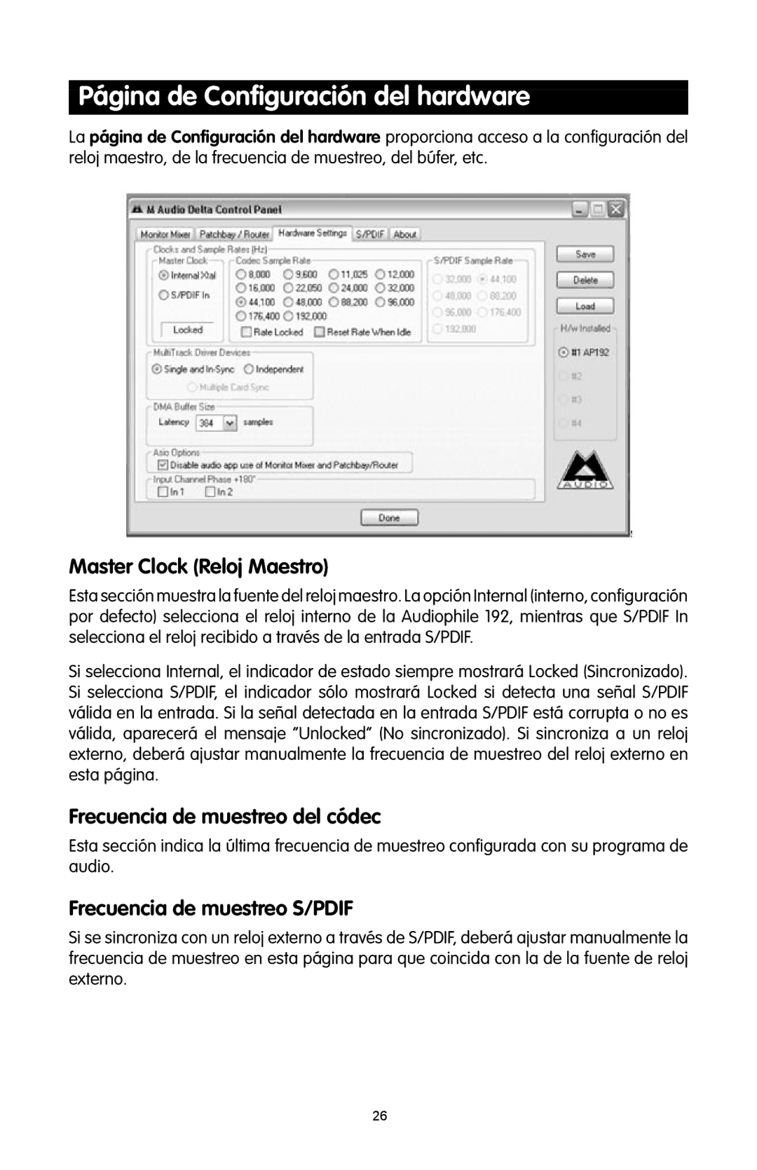 M-Audio 192 quick start Página de Conﬁguración del hardware, Master Clock Reloj Maestro, Frecuencia de muestreo del códec 