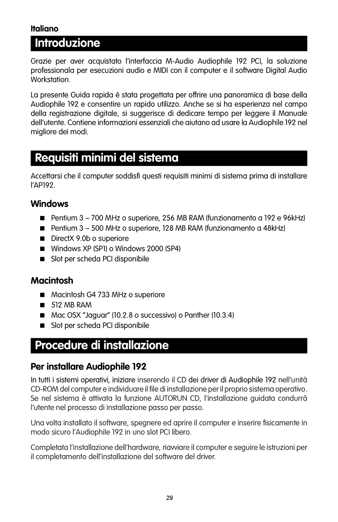 M-Audio 192 quick start Introduzione, Requisiti minimi del sistema, Procedure di installazione, Per installare Audiophile 