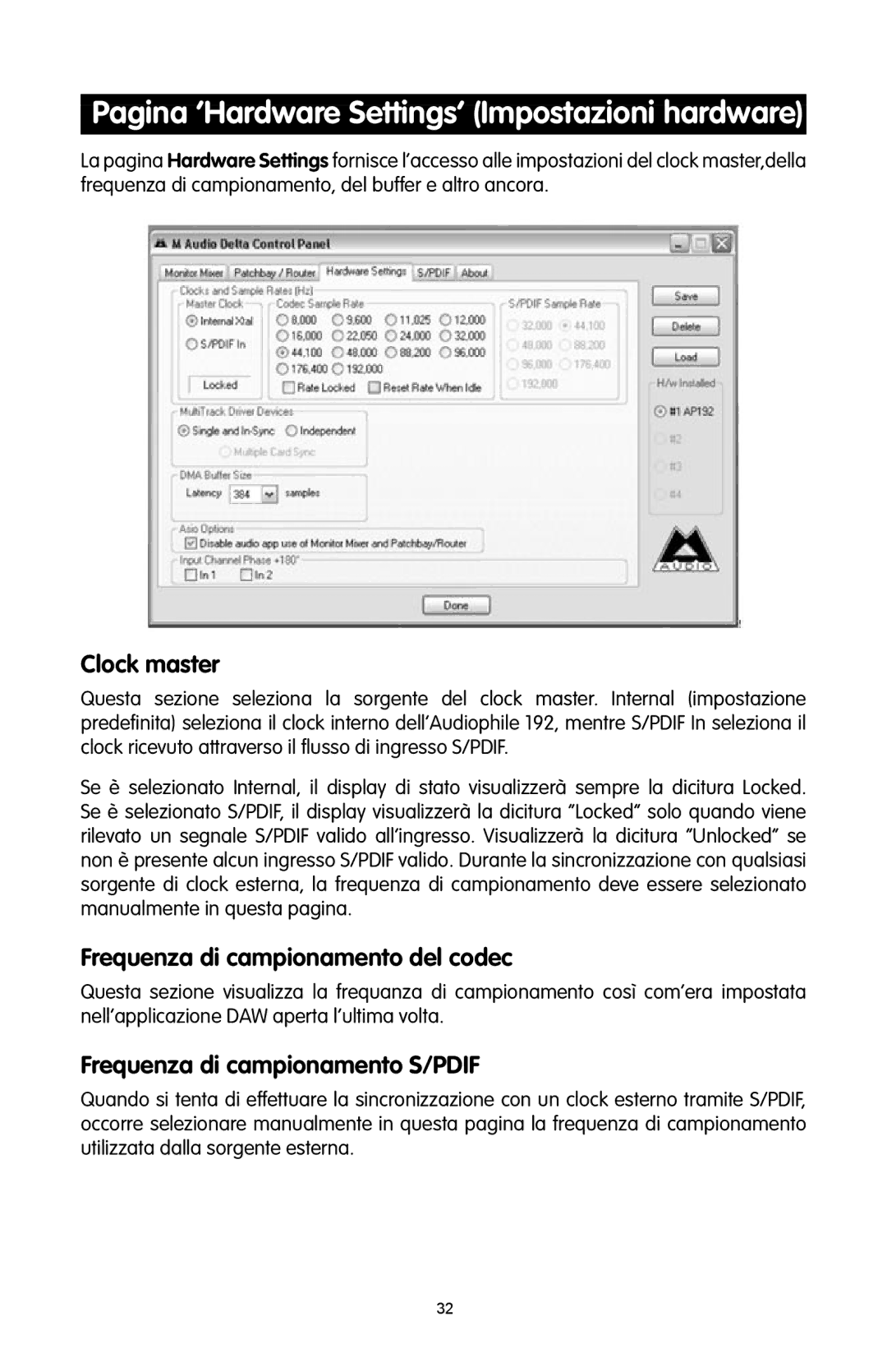 M-Audio 192 quick start Clock master, Frequenza di campionamento del codec, Frequenza di campionamento S/PDIF 